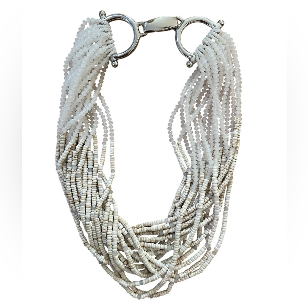 White Glass and Shell Beaded Necklace with Silver Clasp